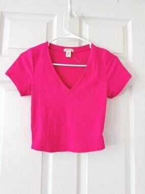 Bozzolo Hot Pink Ribbed Crop Top – Women’s Medium V Neck Fitted Stretch